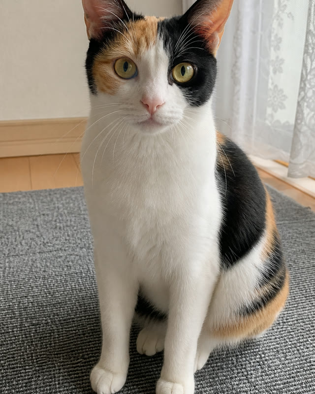 お部屋のラグの上にすわる三毛猫の、もとのお写真