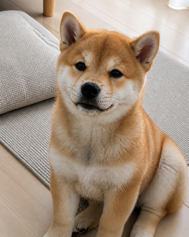 お部屋の中でくつろぐ柴犬の子犬の、もとのお写真